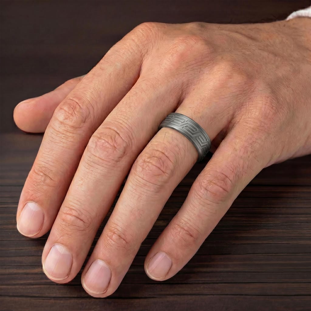 7MM Tantalum Ring with Laser Carved Modern Link Design and Flat Edge Profile