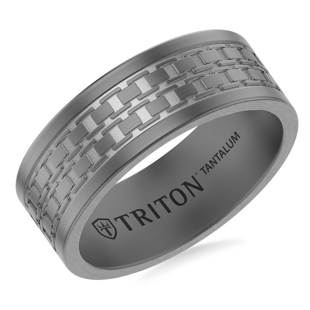 7MM Tantalum Ring with Laser Carved Box Chain Link Design and Flat Edge Profile