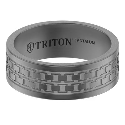 7MM Tantalum Ring with Laser Carved Box Chain Link Design and Flat Edge Profile