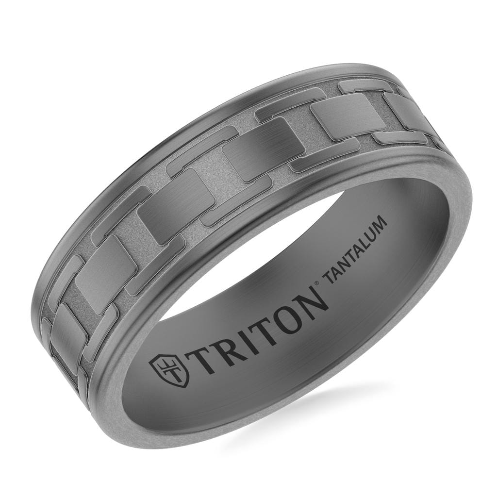 7MM Tantalum Ring with Laser Carved Box Chain Link Design and Flat Edge Profile