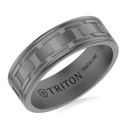 7MM Tantalum Ring with Laser Carved Box Chain Link Design and Flat Edge Profile
