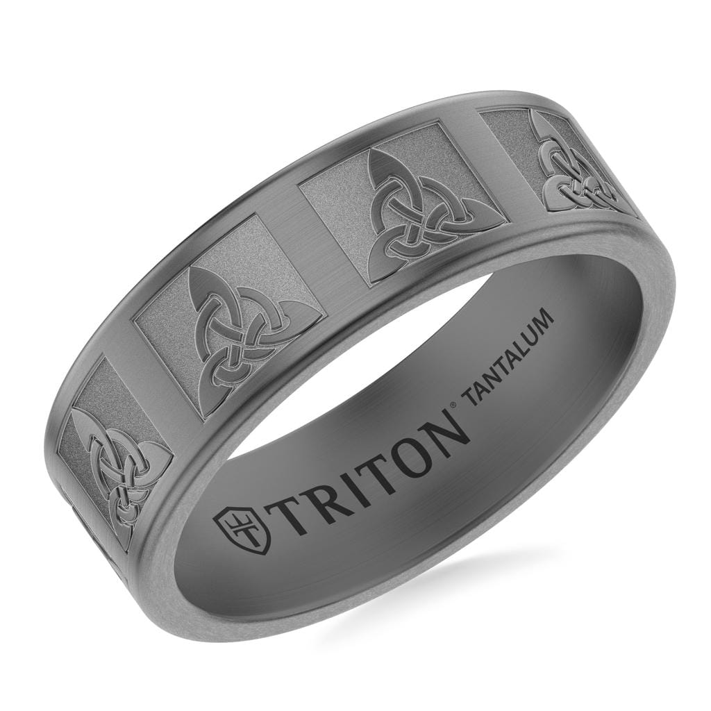 7MM Tantalum Ring with Laser Carved Celtic Border Knot Design and Flat Edge Profile