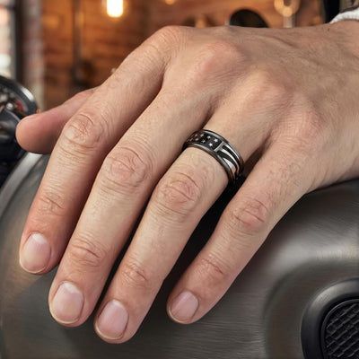 8MM Gray Tungsten Carbide Ring with Black Titanium Mill Engraved Double Row Star Motif Pattern and Flat Edge Profile