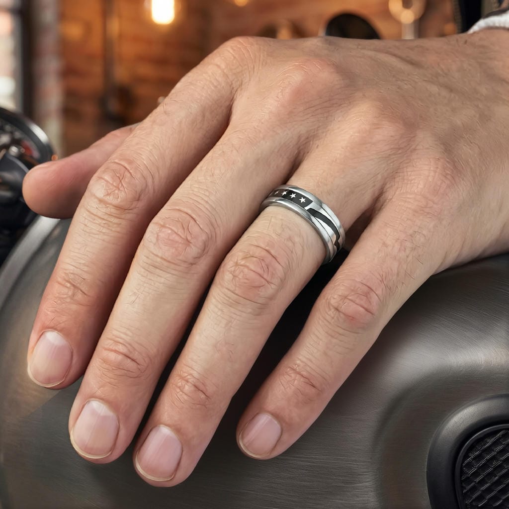6MM White Tungsten Carbide Ring with Black Titanium Mill Engraved Single Row Star Motif Pattern and Flat Edge Profile