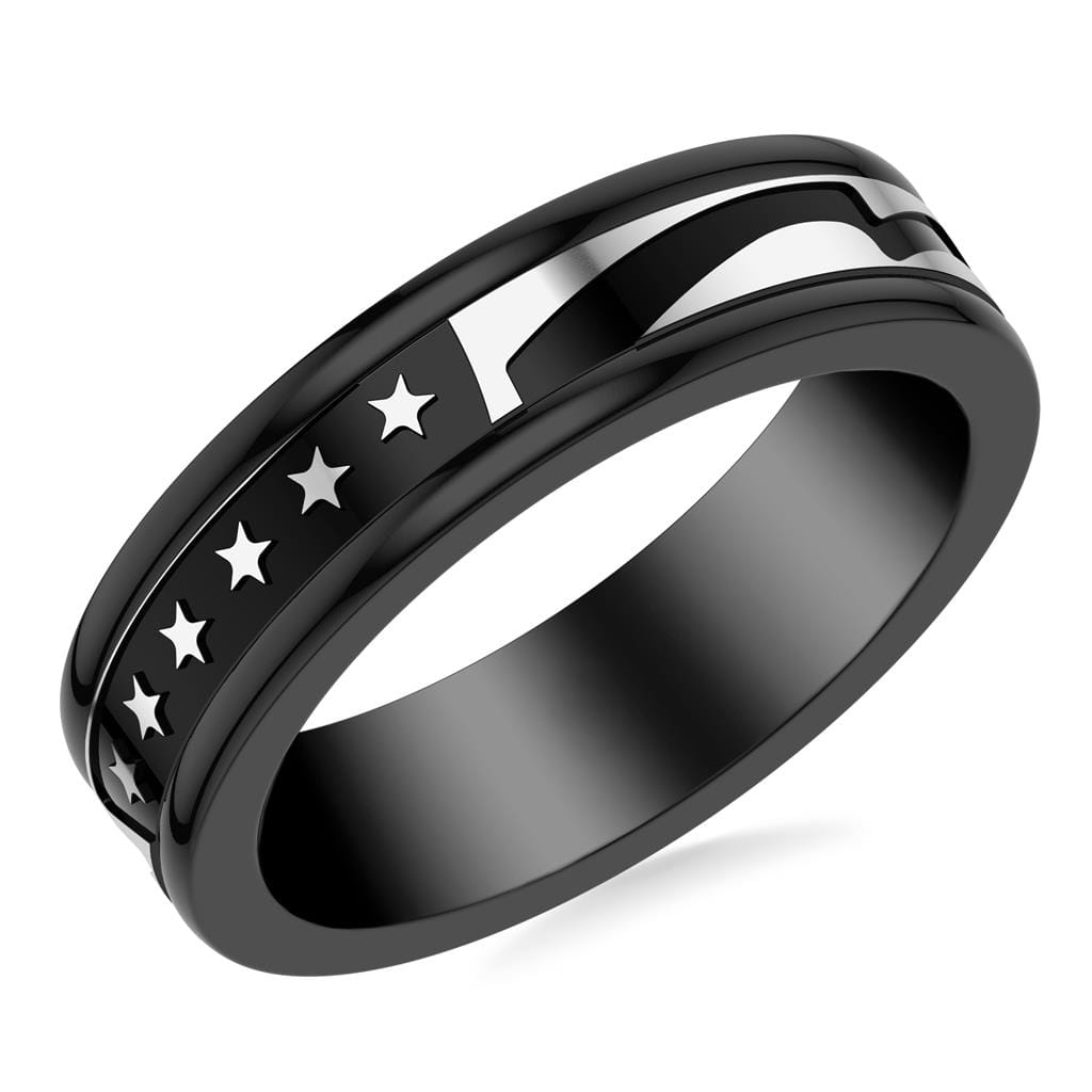 6MM Black Tungsten Carbide Ring with Black Titanium Mill Engraved Single Row Star Motif Pattern and Flat Edge Profile