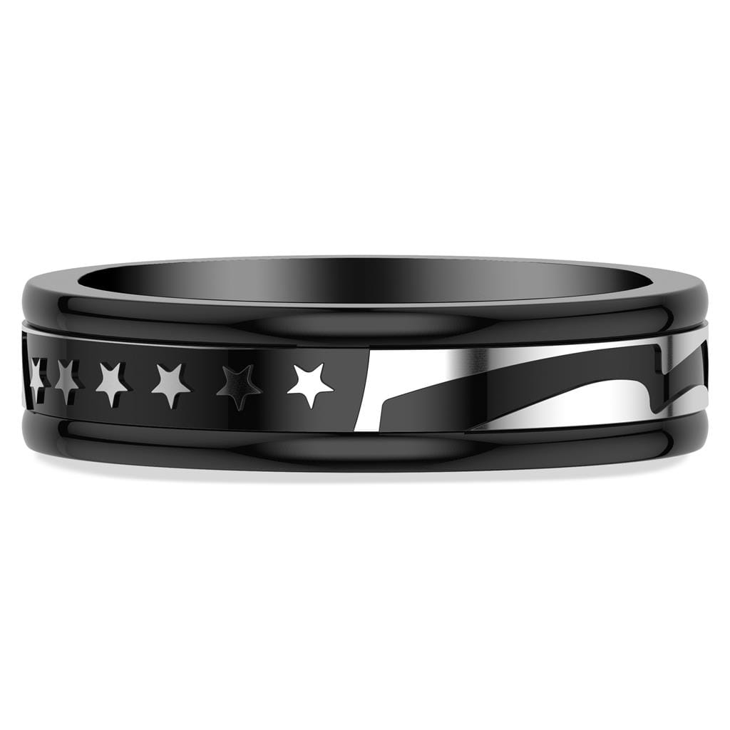 6MM Black Tungsten Carbide Ring with Black Titanium Mill Engraved Single Row Star Motif Pattern and Flat Edge Profile