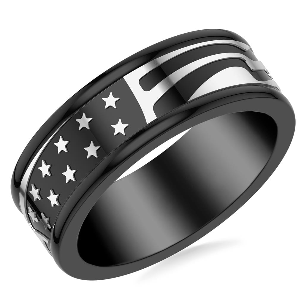 8MM Black Tungsten Carbide Ring with Black Titanium Mill Engraved Double Row Star Motif Pattern and Flat Edge Profile