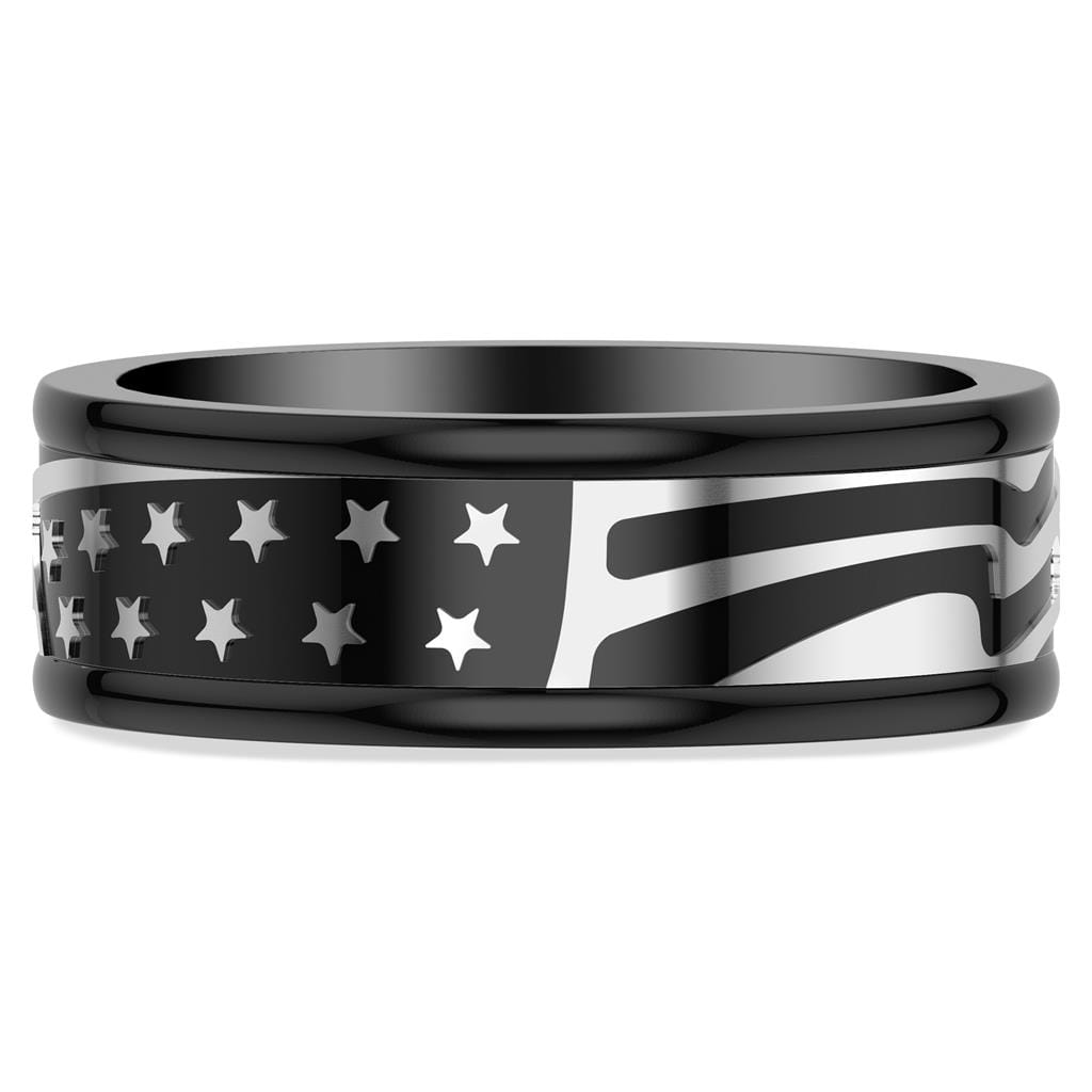 8MM Black Tungsten Carbide Ring with Black Titanium Mill Engraved Double Row Star Motif Pattern and Flat Edge Profile