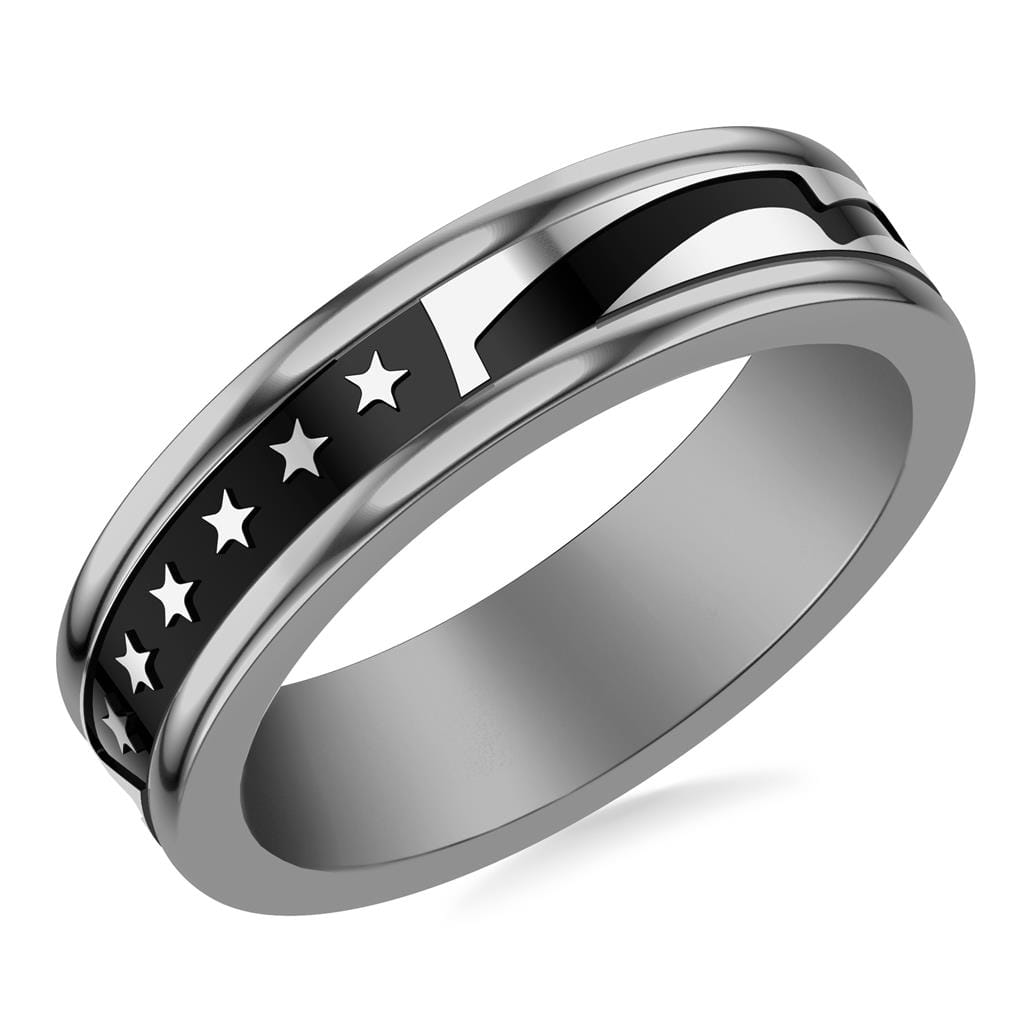 6MM Gray Tungsten Carbide Ring with Black Titanium Mill Engraved Single Row Star Motif Pattern and Flat Edge Profile