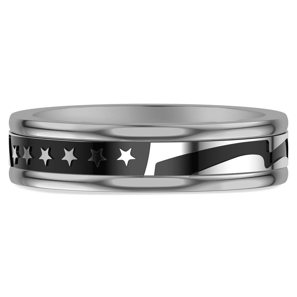 6MM Gray Tungsten Carbide Ring with Black Titanium Mill Engraved Single Row Star Motif Pattern and Flat Edge Profile