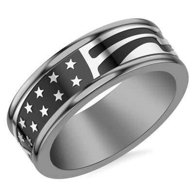 8MM Gray Tungsten Carbide Ring with Black Titanium Mill Engraved Double Row Star Motif Pattern and Flat Edge Profile