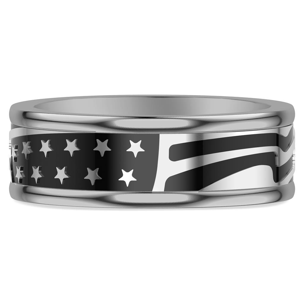 8MM Gray Tungsten Carbide Ring with Black Titanium Mill Engraved Double Row Star Motif Pattern and Flat Edge Profile
