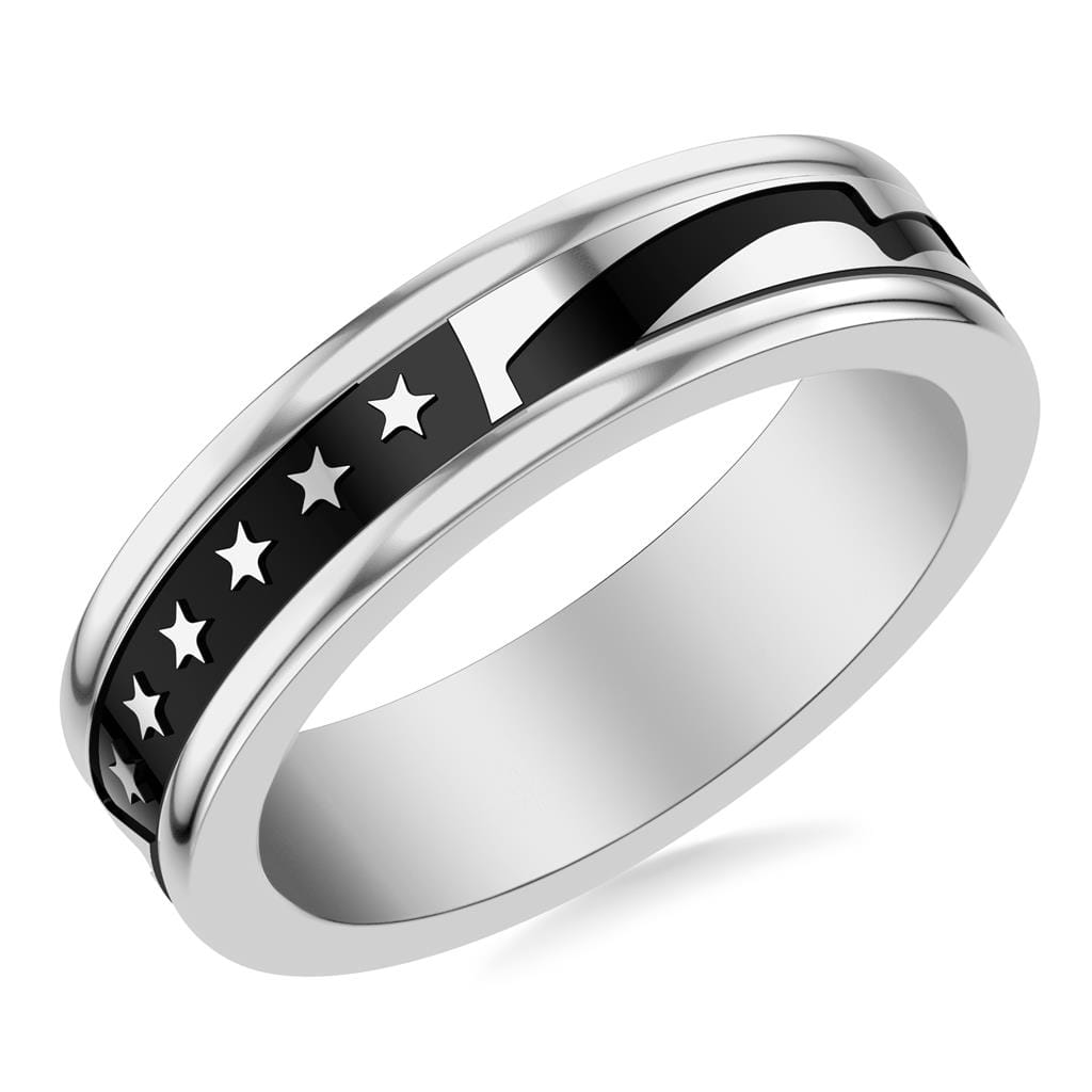 6MM White Tungsten Carbide Ring with Black Titanium Mill Engraved Single Row Star Motif Pattern and Flat Edge Profile