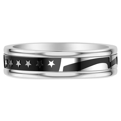 6MM White Tungsten Carbide Ring with Black Titanium Mill Engraved Single Row Star Motif Pattern and Flat Edge Profile