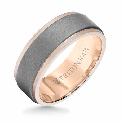 8MM Tungsten RAW+ 18K Matte Gold Ring - Sandblasted Center and Step Edge