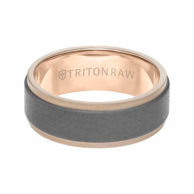 8MM Tungsten RAW+ 18K Matte Gold Ring - Sandblasted Center and Step Edge