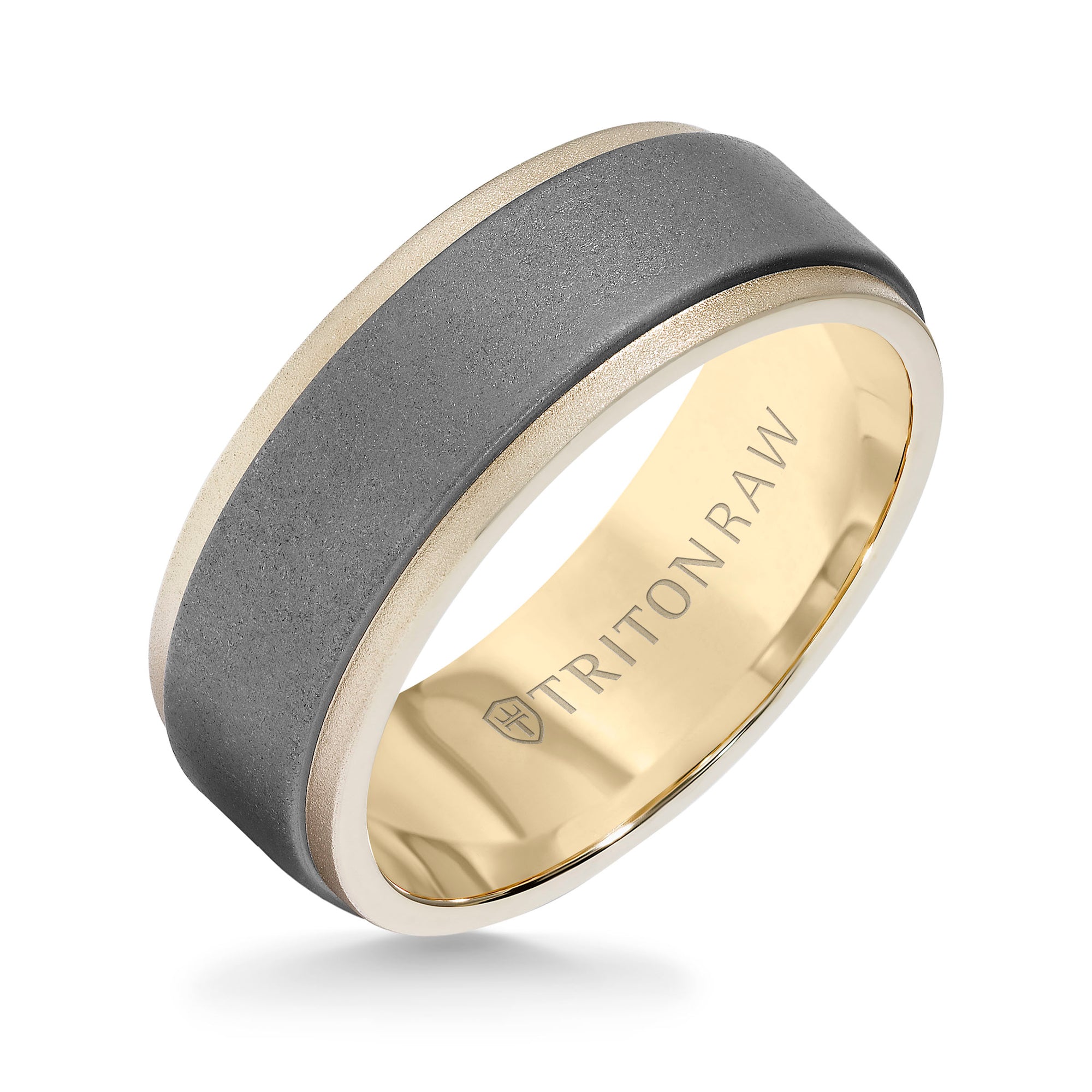 8MM Tungsten RAW+ 18K Matte Gold Ring - Sandblasted Center and Step Edge