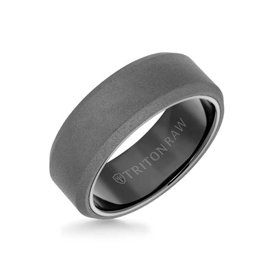 8MM Tungsten RAW Ring - Sandblasted With Black Inside Shine and Bevel Edge