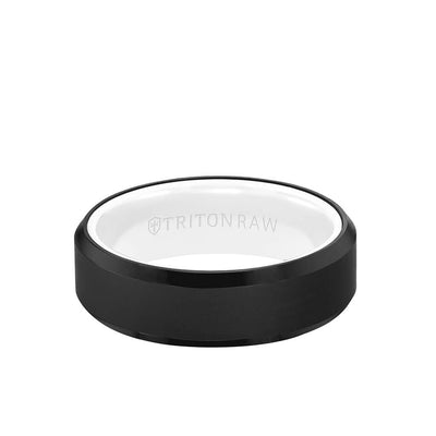 7MM Tungsten RAW Black DLC Ring - Ceramic Interior and Bevel Edge