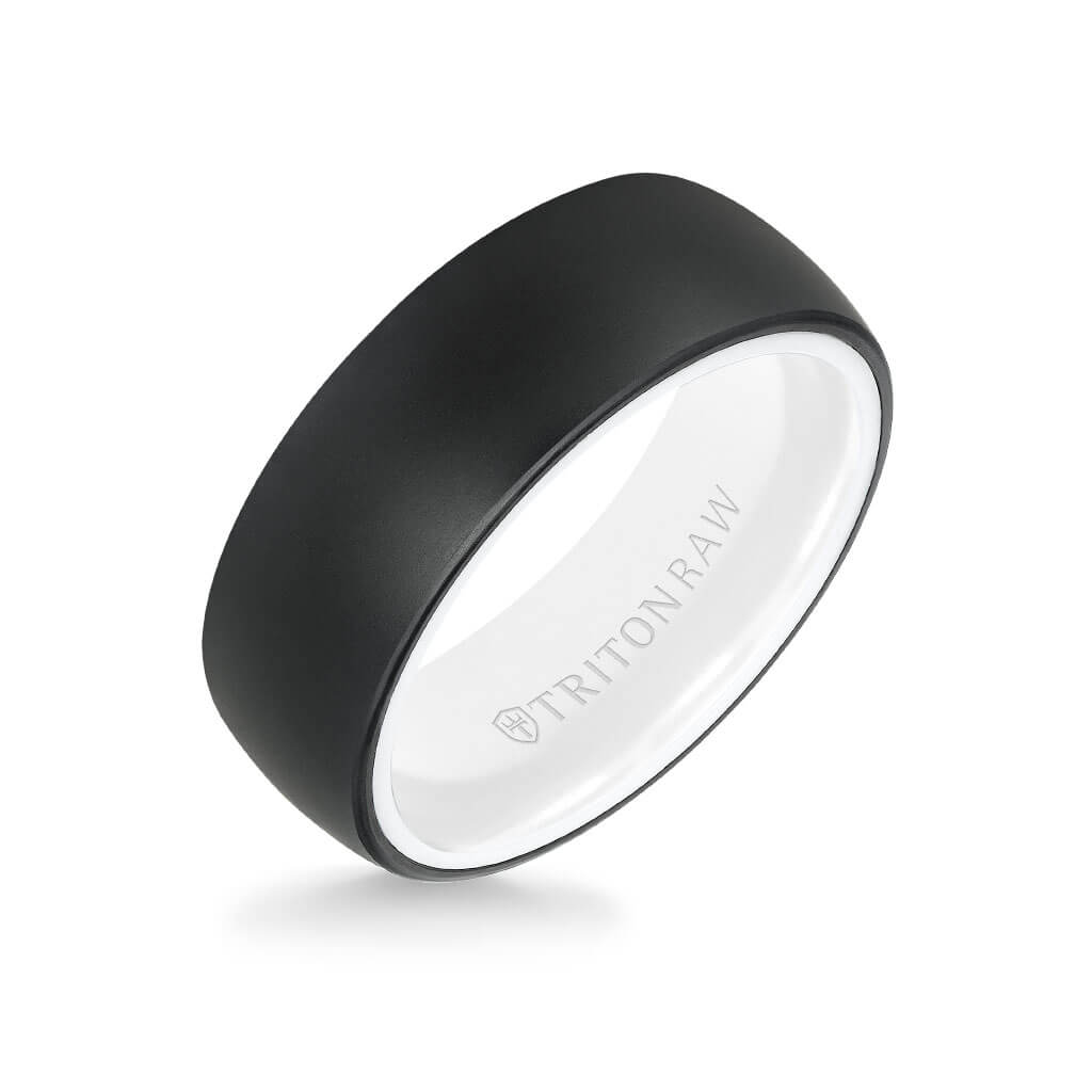 8MM Tungsten Raw Black DLC Ring - Dome Profile, Ceramic Interior and Flat Edge