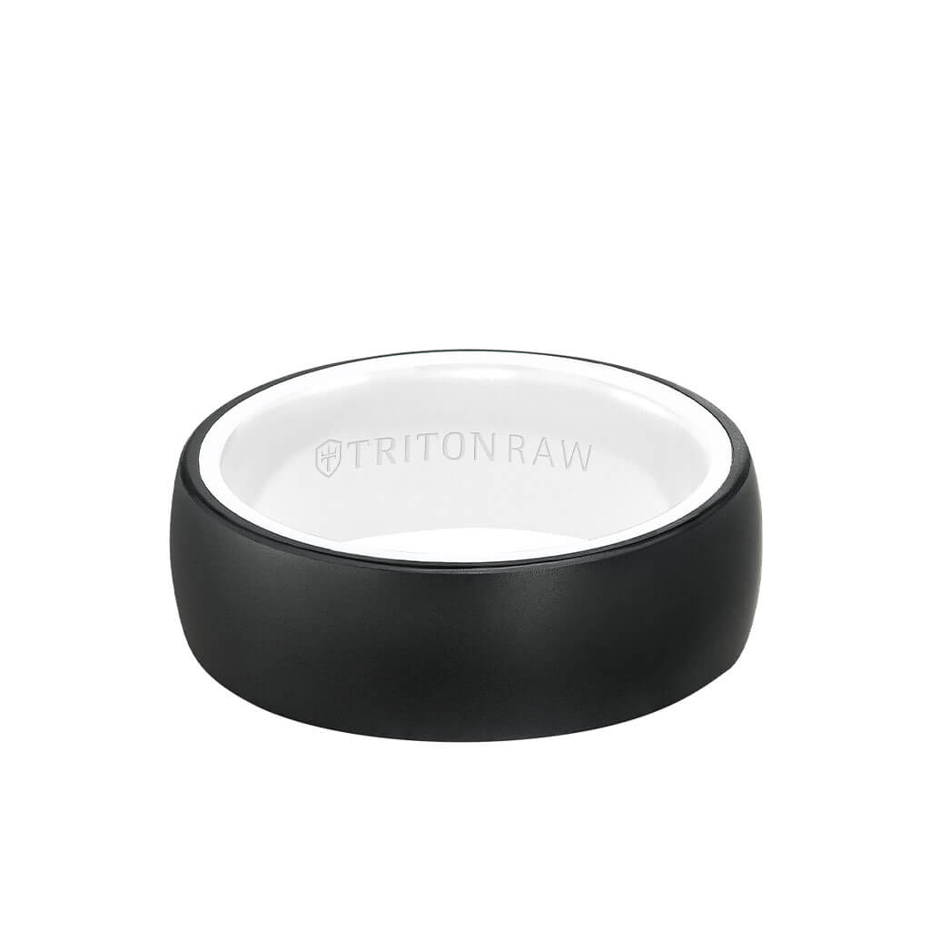 8MM Tungsten Raw Black DLC Ring - Dome Profile, Ceramic Interior and Flat Edge