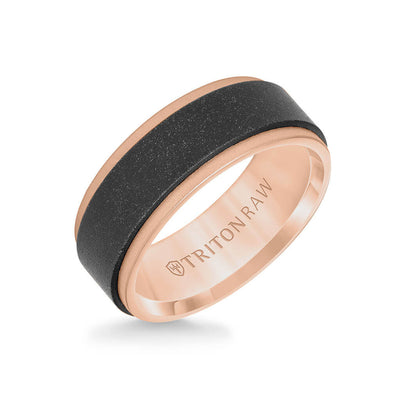 8MM Tungsten RAW Black DLC + 14K Rose Gold Ring - Flat Profile and Step Edge