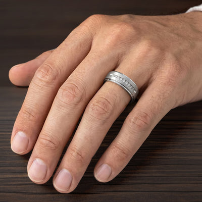 8MM Tungsten Diamond Ring - Channel Set Silver Satin Finish and Step Edge