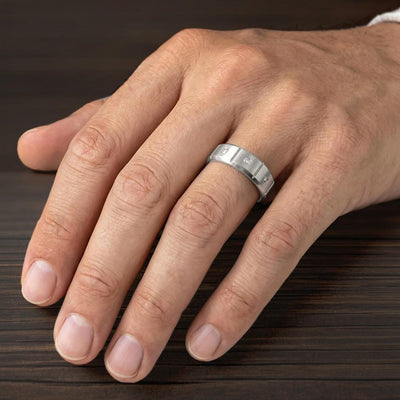 8MM Tungsten Diamond Ring - 3 Stone Vertical Cut Center and Bevel Edge