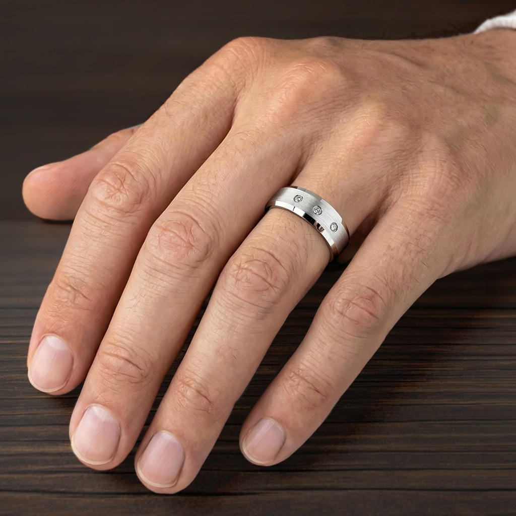 8MM Tungsten Diamond Ring - 3 Stone Satin Finish Center and Bevel Edge