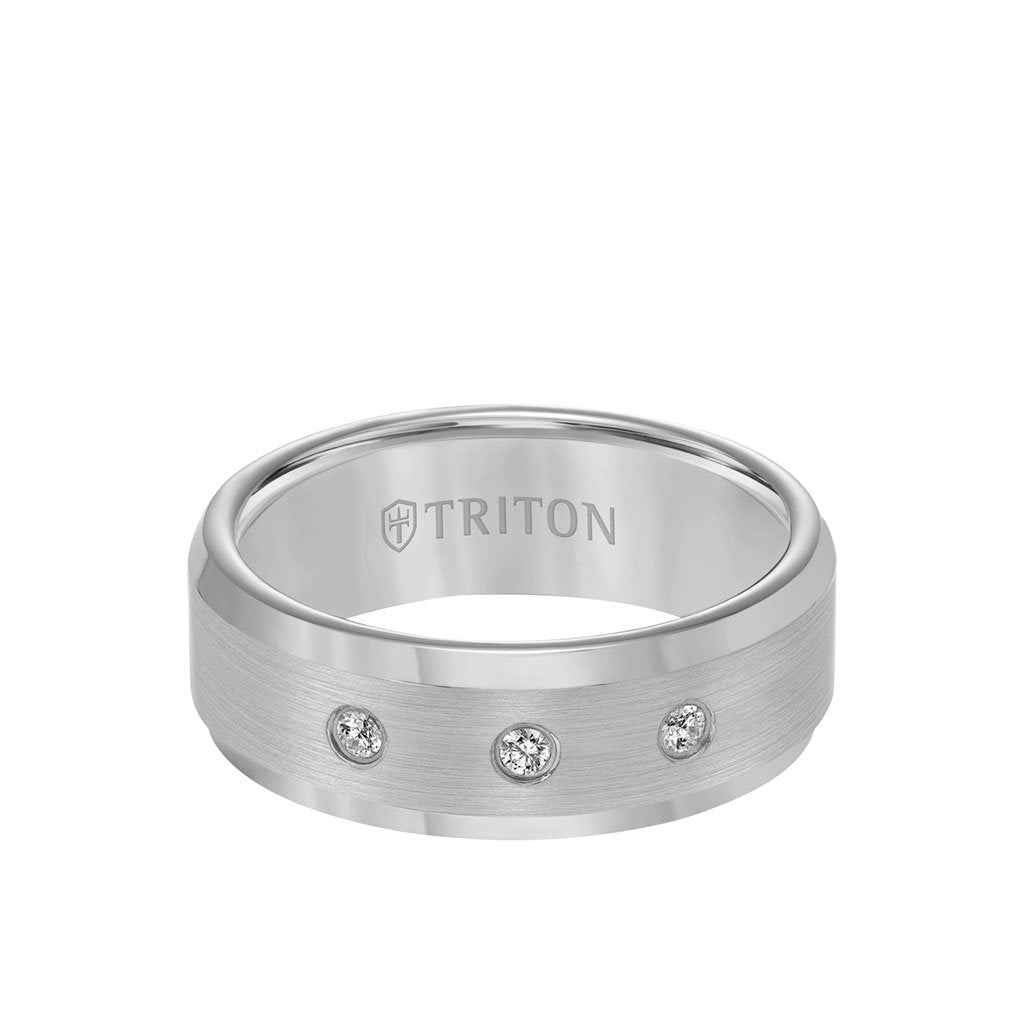8MM Tungsten Diamond Ring 3 Stone Satin Finish Center and Bevel Edge