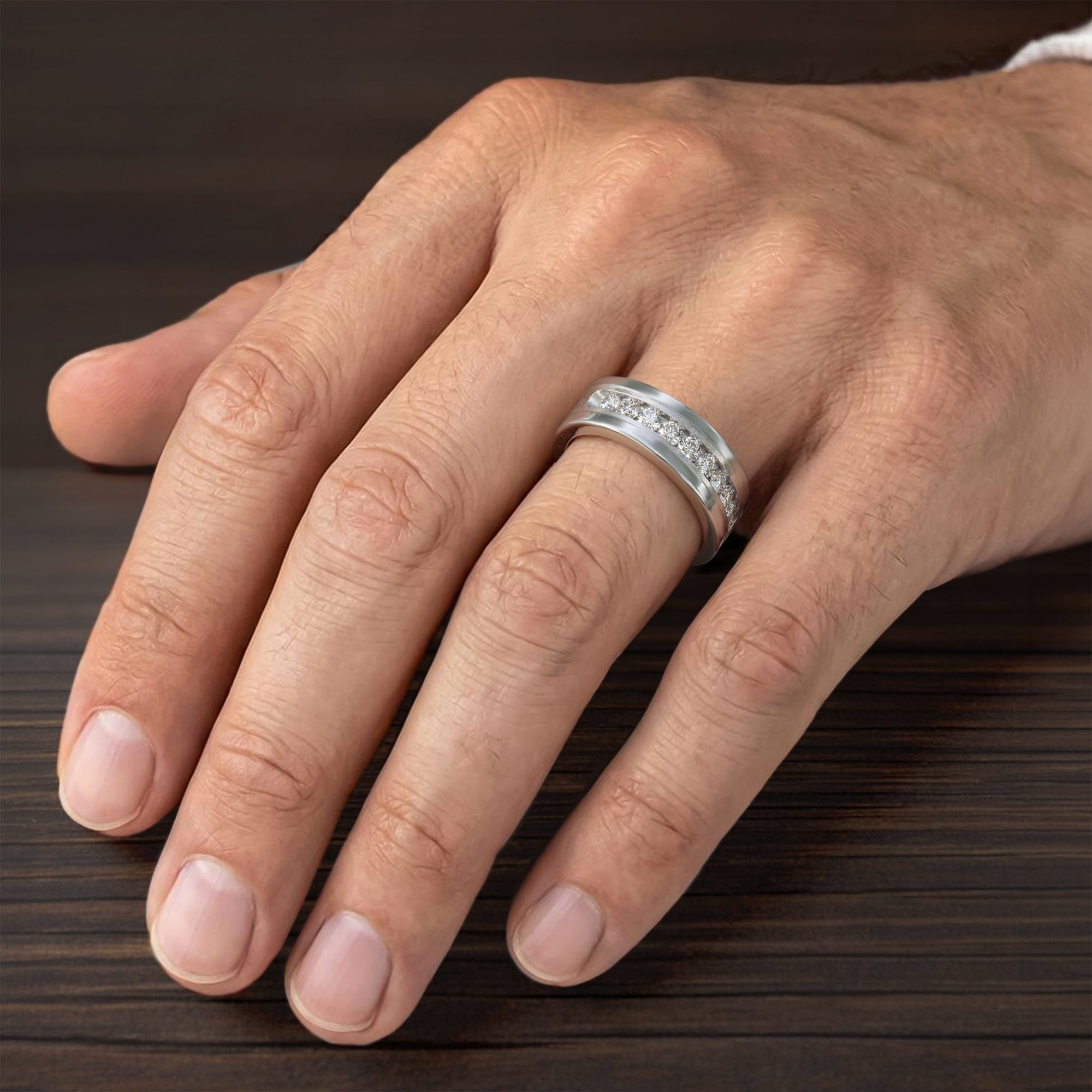 8MM Tungsten Diamond Ring - Satin Bright Finish and Bevel Edge