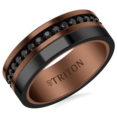 8mm Asymetrical Espresso and Black Tungsten Black Sapphire Eternity Ring with Bright Polish Finish and Bevel Edge