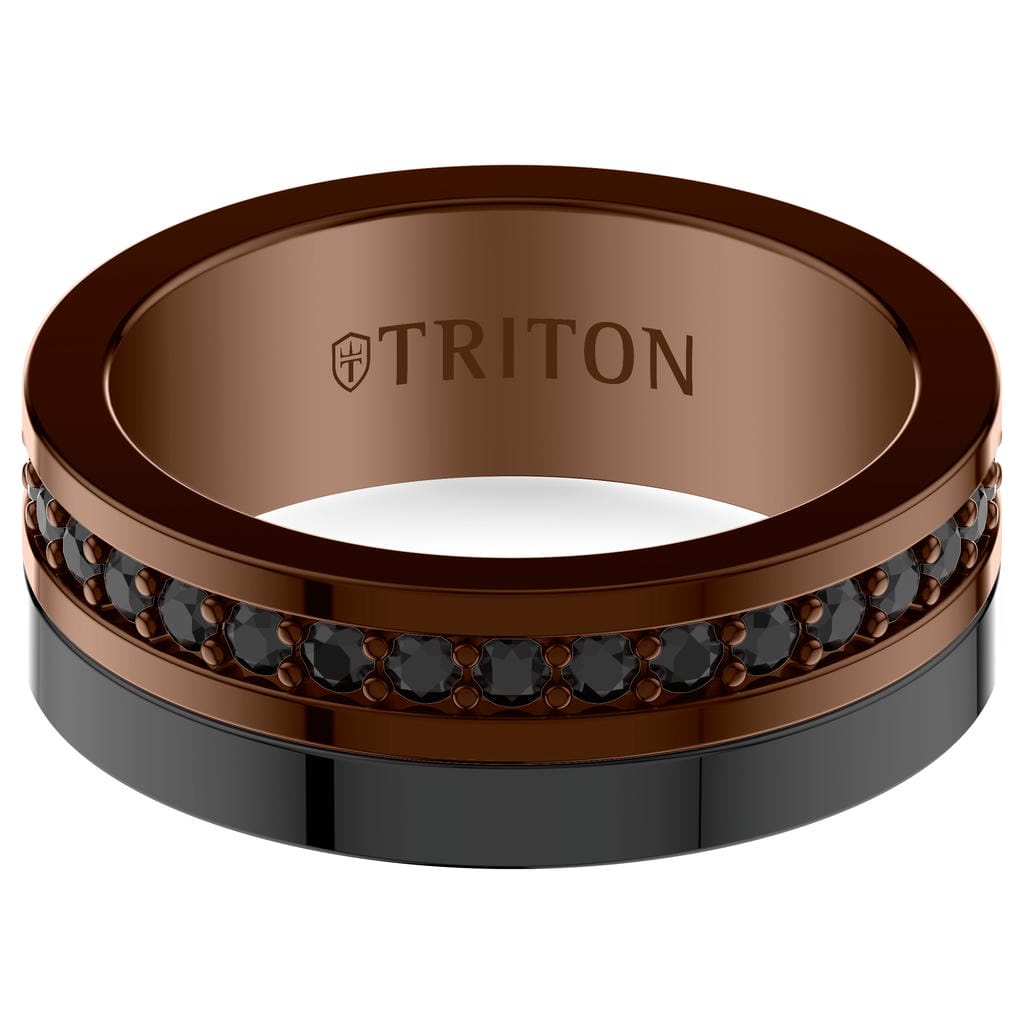 8mm Asymetrical Espresso and Black Tungsten Black Sapphire Eternity Ring with Bright Polish Finish and Bevel Edge