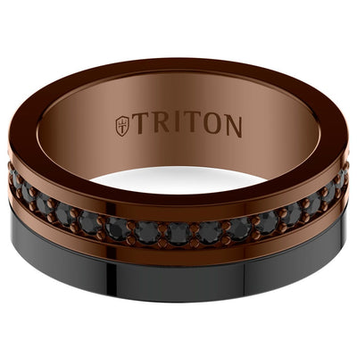 8mm Asymetrical Espresso and Black Tungsten Black Sapphire Eternity Ring with Bright Polish Finish and Bevel Edge