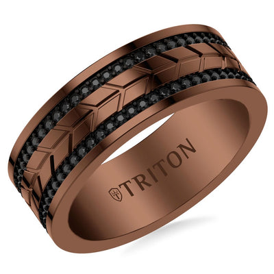 8mm Espresso Tungsten Black Sapphire Double Row Eternity Ring with Parallelogram Cuts Brush Center Finish and Bevel Edge