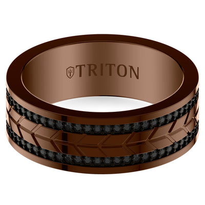 8mm Espresso Tungsten Black Sapphire Double Row Eternity Ring with Parallelogram Cuts Brush Center Finish and Bevel Edge