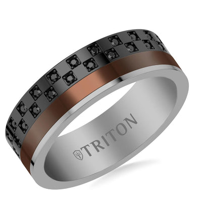 8mm Asymetrical Espresso and Black Tungsten with Black Saphhire Checkered Eternity Ring with Bright Polish Finish and Bevel Edge