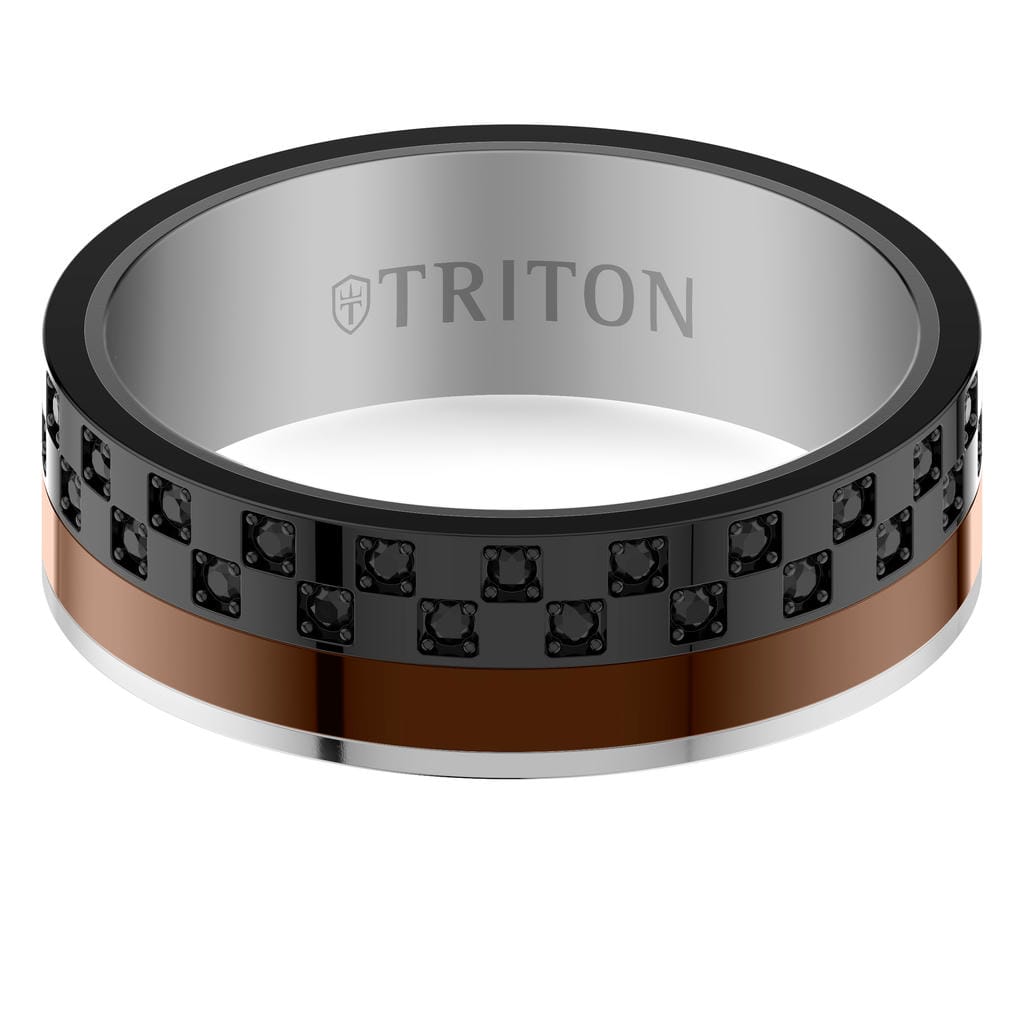 8mm Asymetrical Espresso and Black Tungsten with Black Saphhire Checkered Eternity Ring with Bright Polish Finish and Bevel Edge