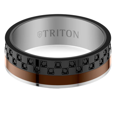 8mm Asymetrical Espresso and Black Tungsten with Black Saphhire Checkered Eternity Ring with Bright Polish Finish and Bevel Edge