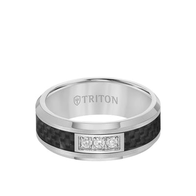 8MM 3 Stone Diamond Black Carbon Fiber Ring with Bevel Edge