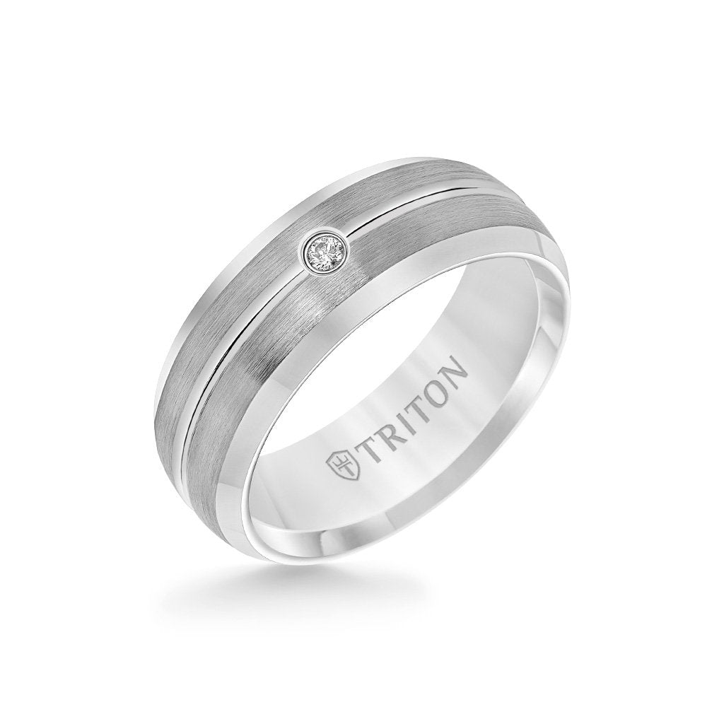 8MM Tungsten Diamond Ring - Brush Bright Finish and Bevel Edge