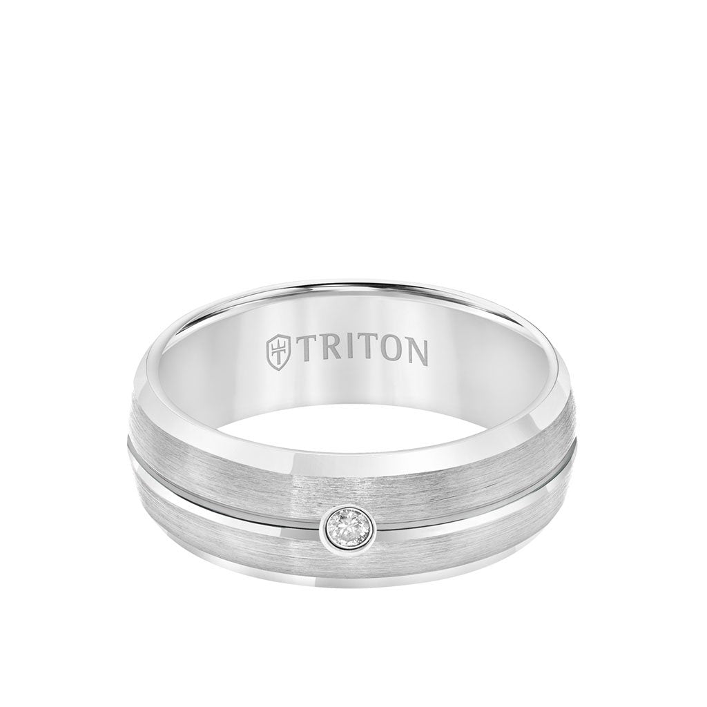 8MM Tungsten Diamond Ring - Brush Bright Finish and Bevel Edge