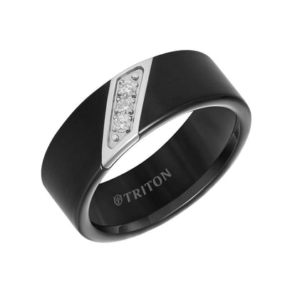 8mm Black tungsten carbide satin finish band with diagonal diamonds set in stainless steel