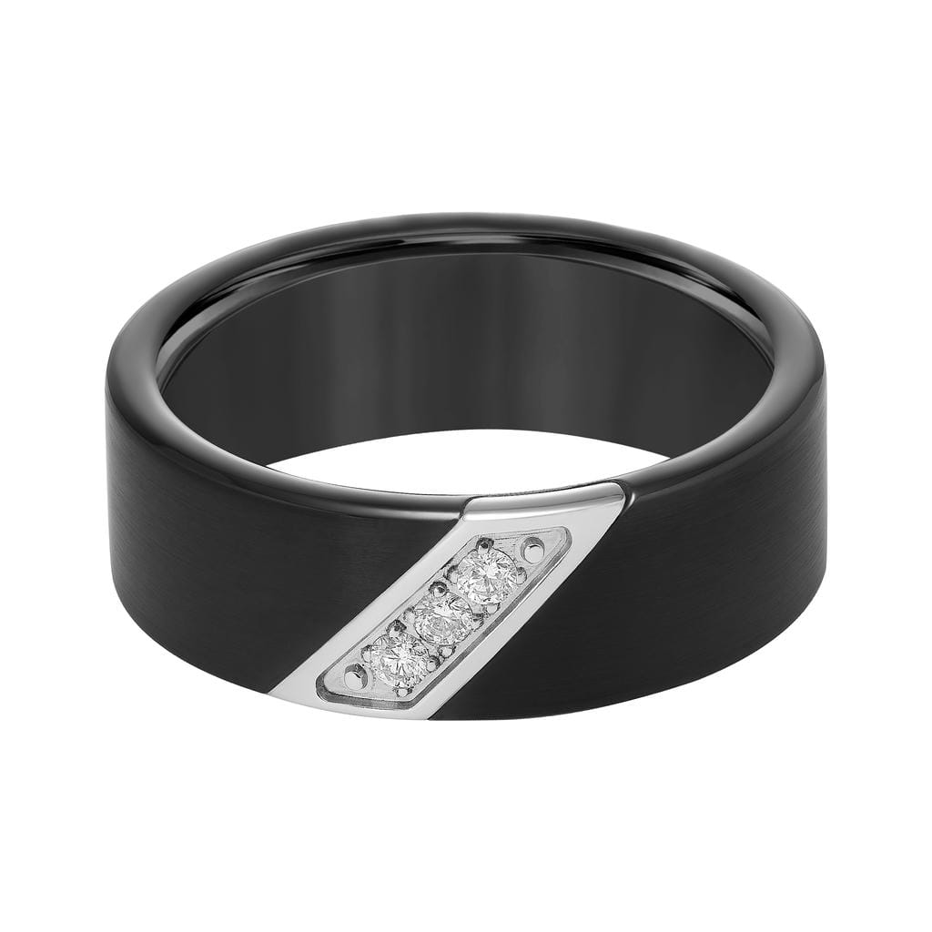 8mm Black tungsten carbide satin finish band with diagonal diamonds set in stainless steel