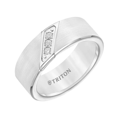 8mm White tungsten carbide satin finish band with diagonal diamonds set in stainless steel