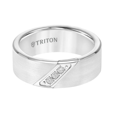 8mm White tungsten carbide satin finish band with diagonal diamonds set in stainless steel