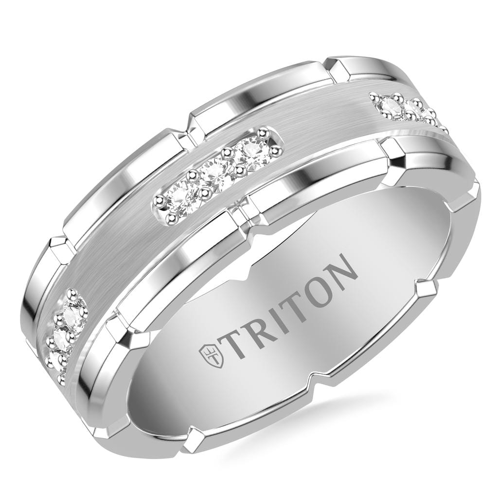 8MM White Tungsten Carbide Ring with Brushed Center and White Lab-Created Sapphires with T-Link Design and Polished Flat Edge