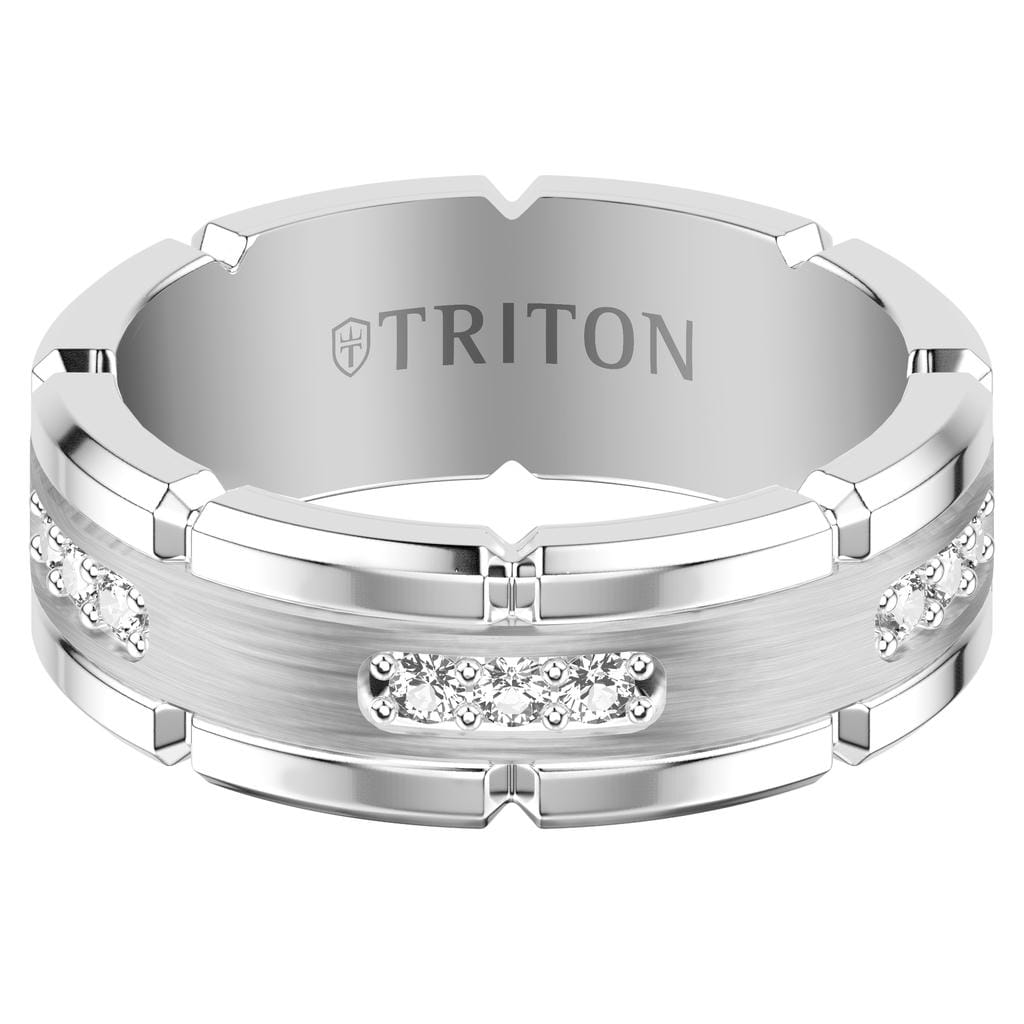 8MM White Tungsten Carbide Ring with Brushed Center and White Lab-Created Sapphires with T-Link Design and Polished Flat Edge