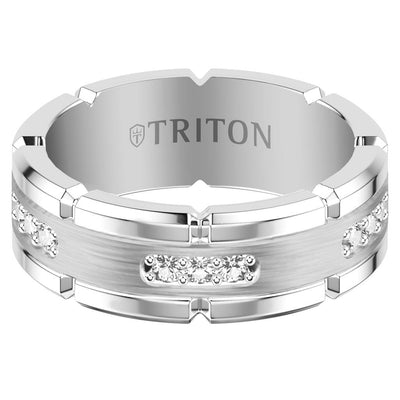 8MM White Tungsten Carbide Ring with Brushed Center and White Lab-Created Sapphires with T-Link Design and Polished Flat Edge