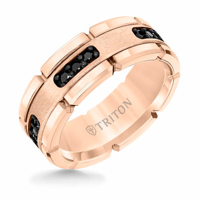 8MM White Tungsten Carbide Ring with Brushed Center and White Lab-Created Sapphires with T-Link Design and Polished Flat Edge